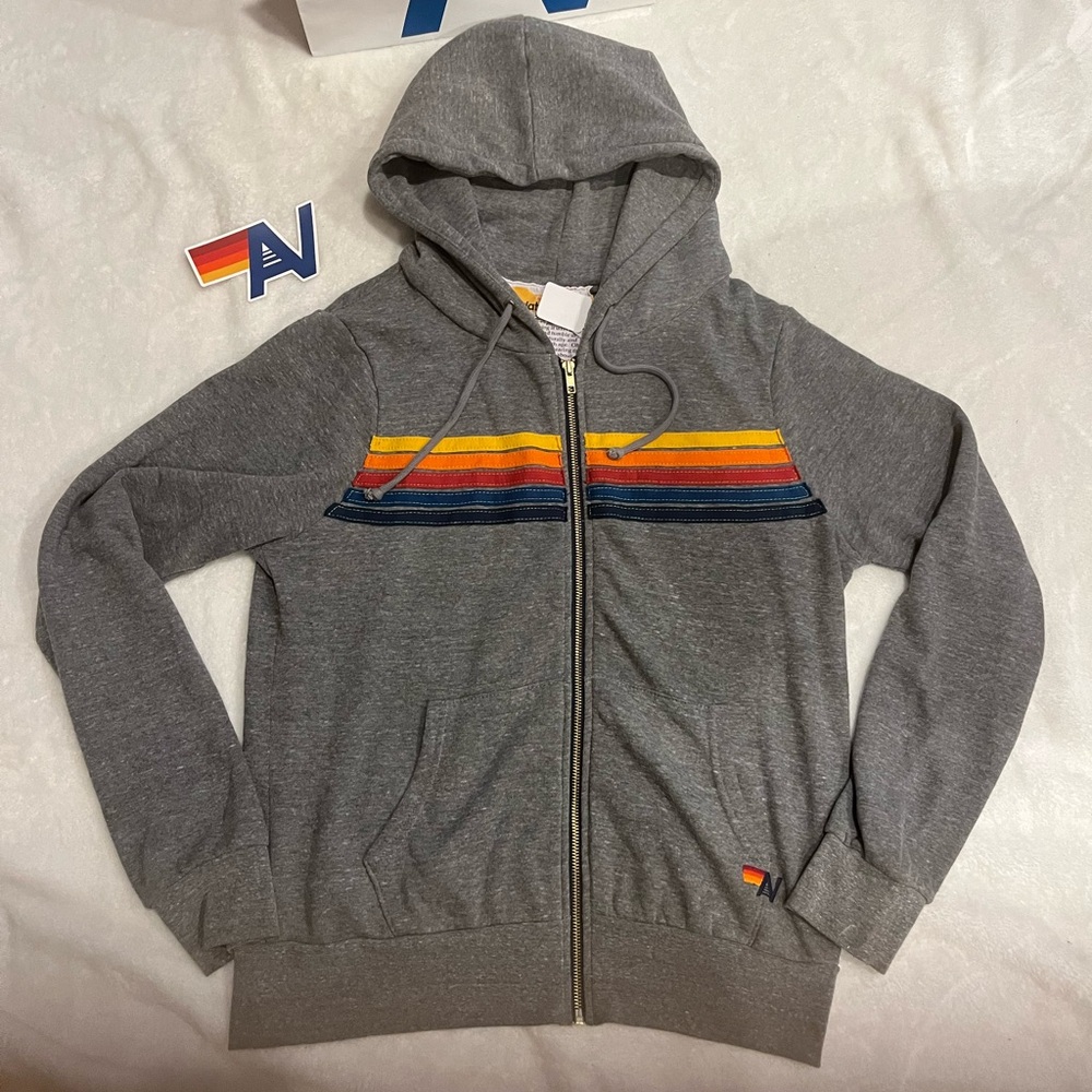 Aviator Nation 5 Stripe Zip up hoodie Heather Grey Medoum